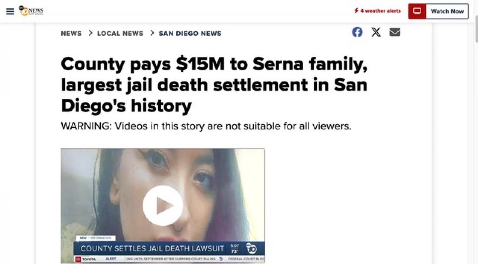 Photo of the news story video of Elisa Serna who died in custody in a SD Jail in 2019